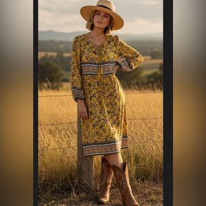 Luxology Yellow Paisley Long Sleeve Dress